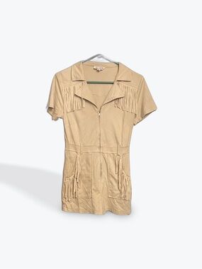 Beige Short-Sleeve Zip Tunic with Fringe romper